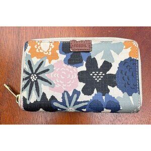 Fossil‎ Floral Zippered Wallet Women's 6.5"x4" Off White/Blue/Yellow